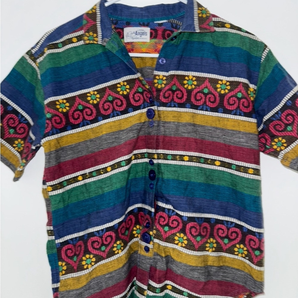Vintage Striped Short Sleeve Shirt –‎ Bold Colors & Tribal Pattern